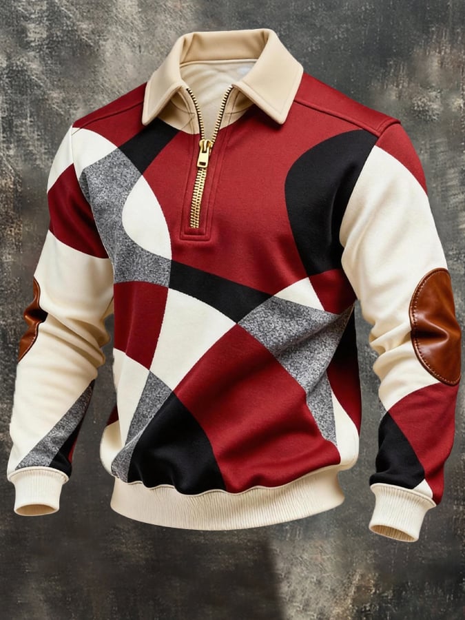 Color-Block Half-Zip Sweater – Vintage Knit Pullover with Elbow Patches