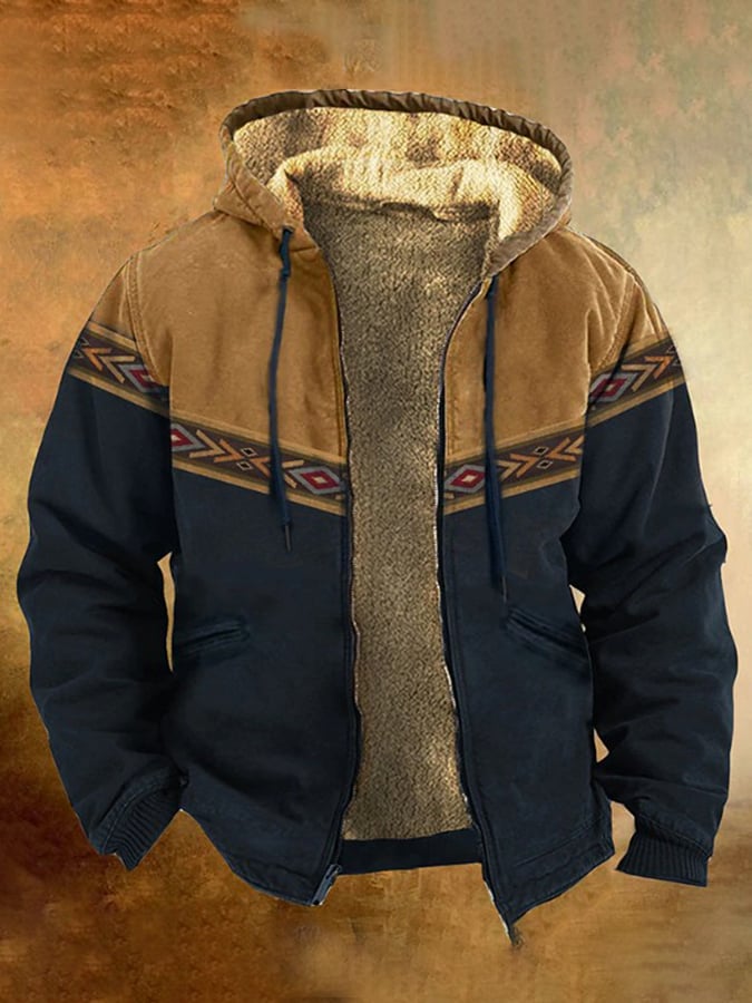 Sherpa Lined Hooded Jacket – Tribal Panel Zip-Up Winter Coat