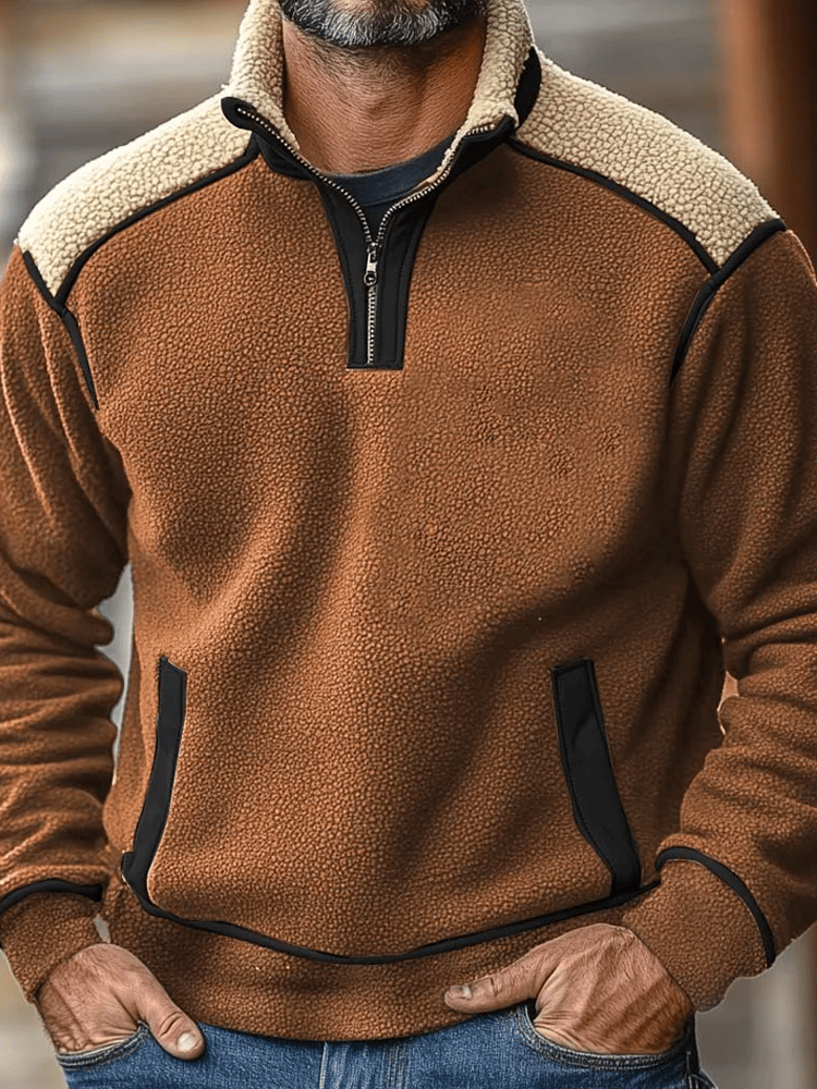 Sherpa Collar Half-Zip Fleece Pullover – Warm Casual Winter Sweater