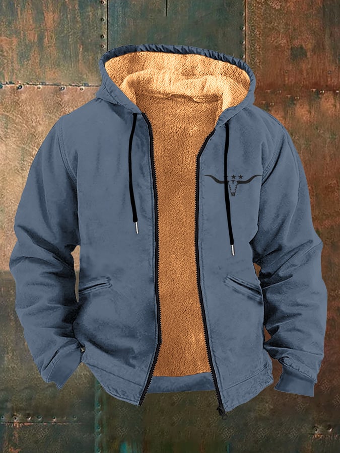Sherpa Lined Hooded Jacket – Western Bull Logo Zip-Up Winter Coat
