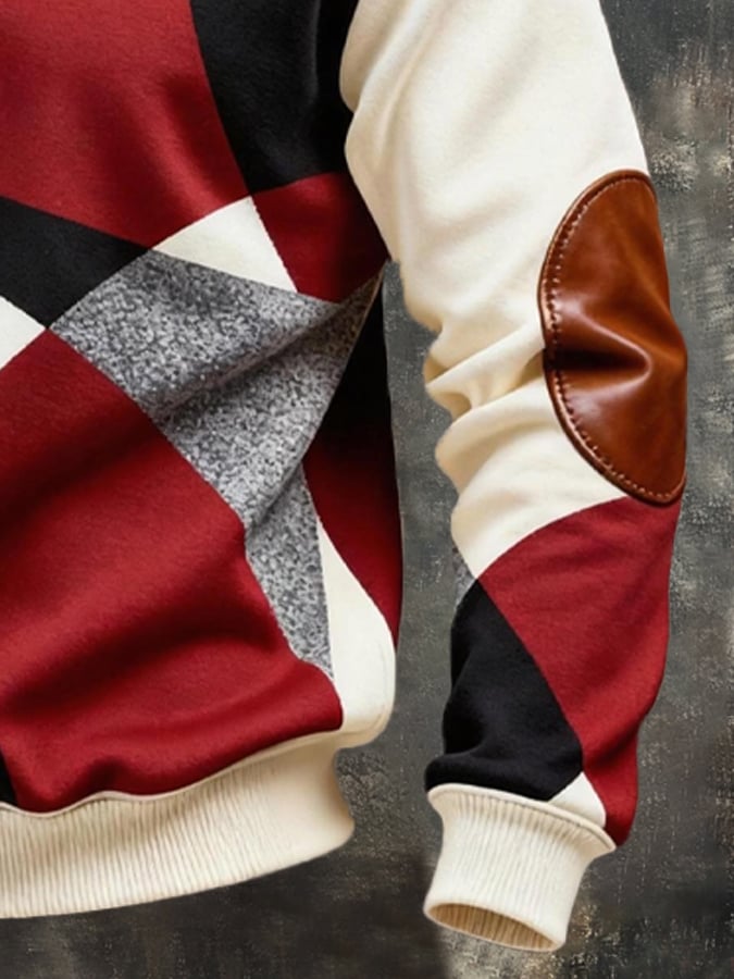 Color-Block Half-Zip Sweater – Vintage Knit Pullover with Elbow Patches