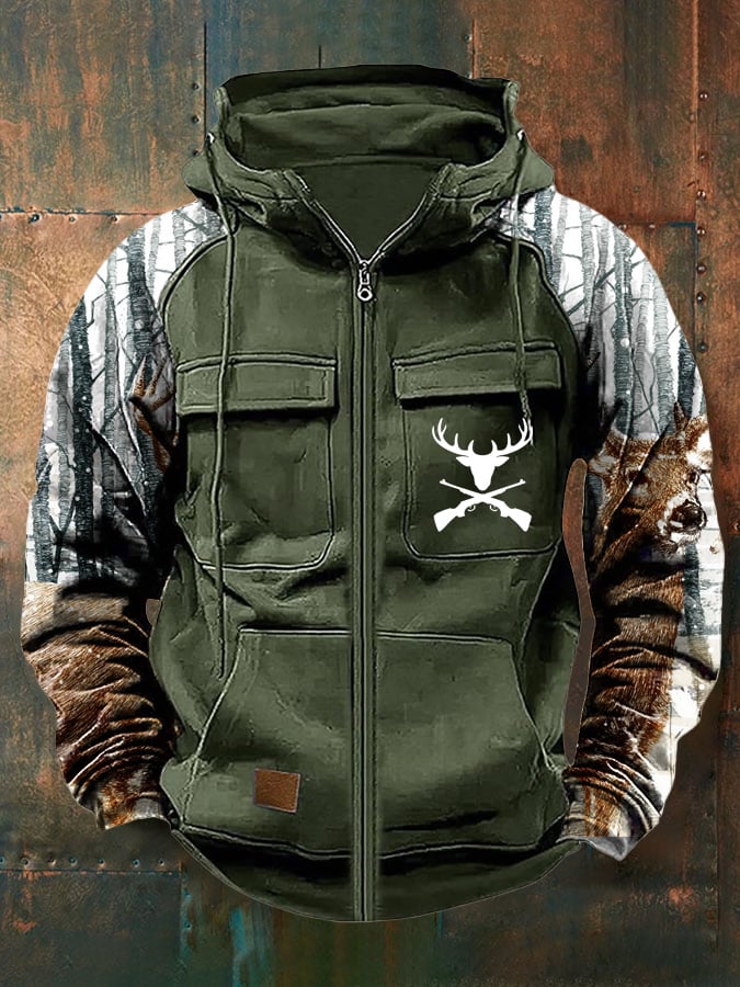 Sherpa Lined Hooded Hunting Jacket – Deer Skull Zip-Up Winter Coat