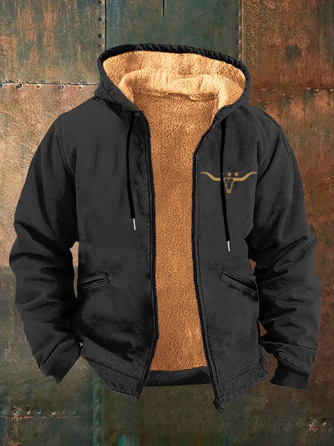 Sherpa Lined Hooded Jacket – Western Bull Logo Zip-Up Winter Coat