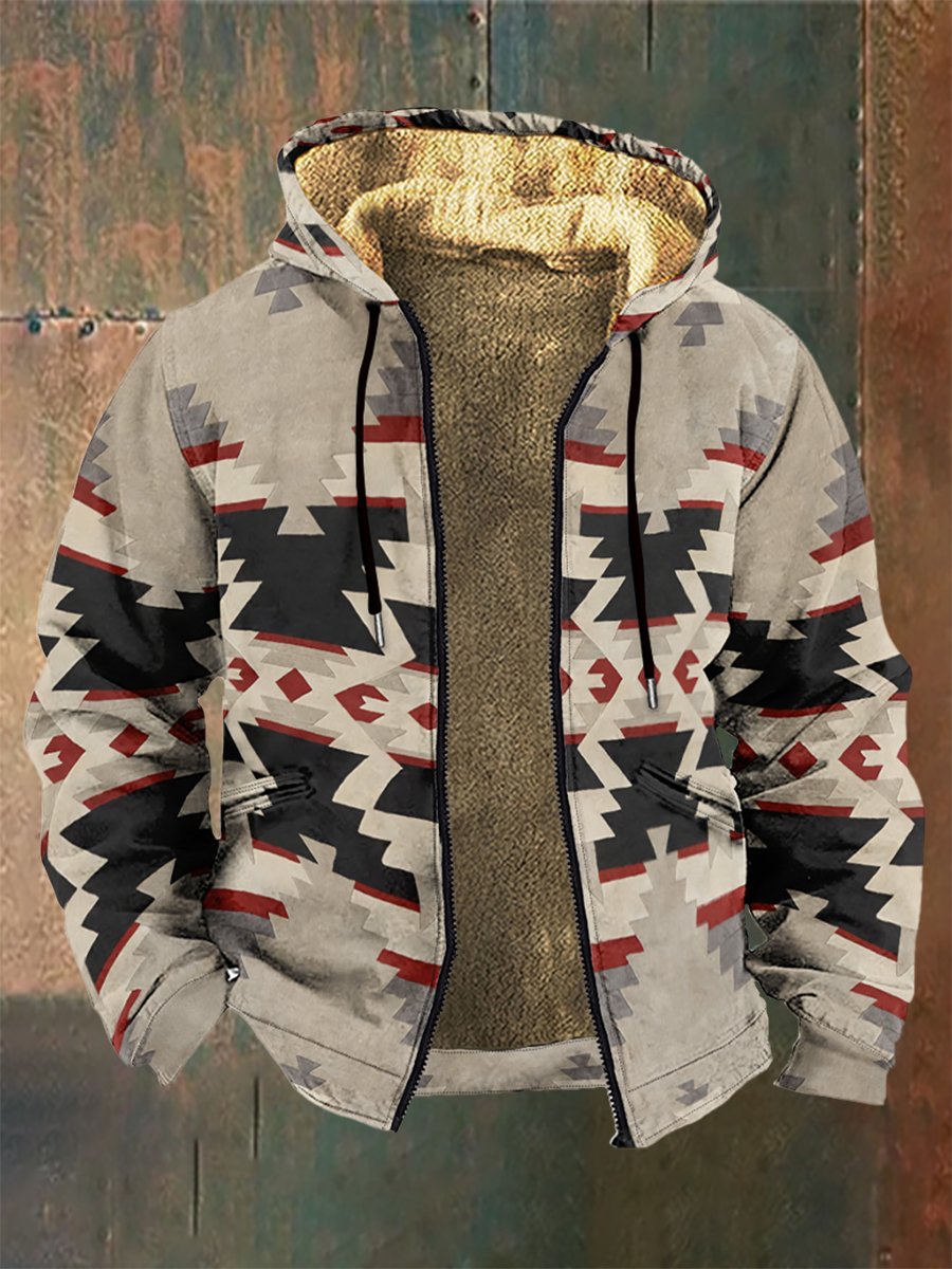 Aztec Pattern Sherpa Lined Hooded Jacket – Warm Winter Zip-Up Coat