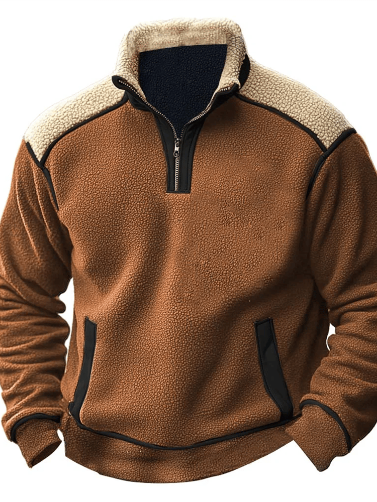 Sherpa Collar Half-Zip Fleece Pullover – Warm Casual Winter Sweater