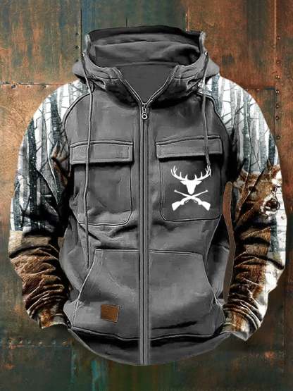 Sherpa Lined Hooded Hunting Jacket – Deer Skull Zip-Up Winter Coat
