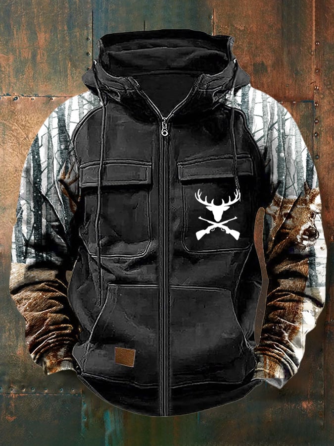 Sherpa Lined Hooded Hunting Jacket – Deer Skull Zip-Up Winter Coat