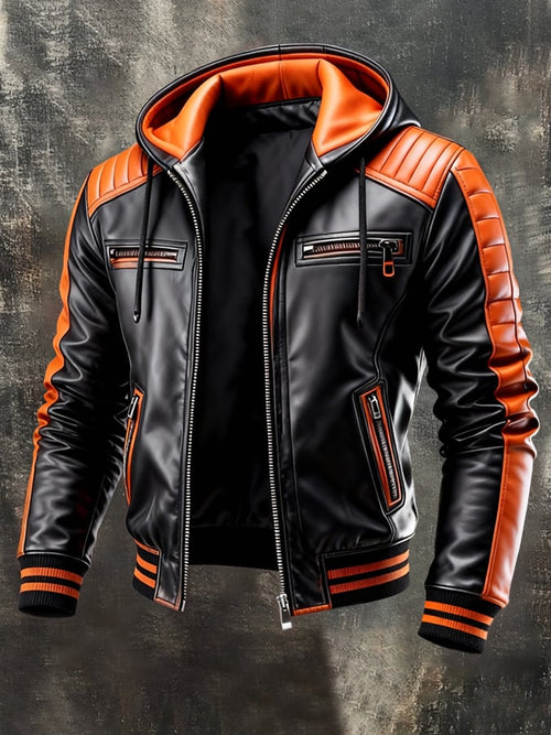 Biker Style Hooded Jacket – Faux Leather Zip-Up Motorcycle Jacket
