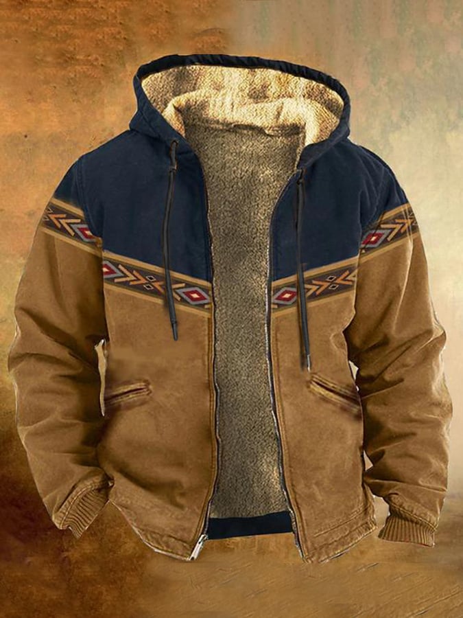 Sherpa Lined Hooded Jacket – Tribal Panel Zip-Up Winter Coat