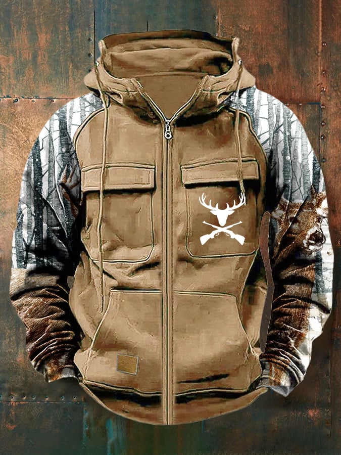 Sherpa Lined Hooded Hunting Jacket – Deer Skull Zip-Up Winter Coat