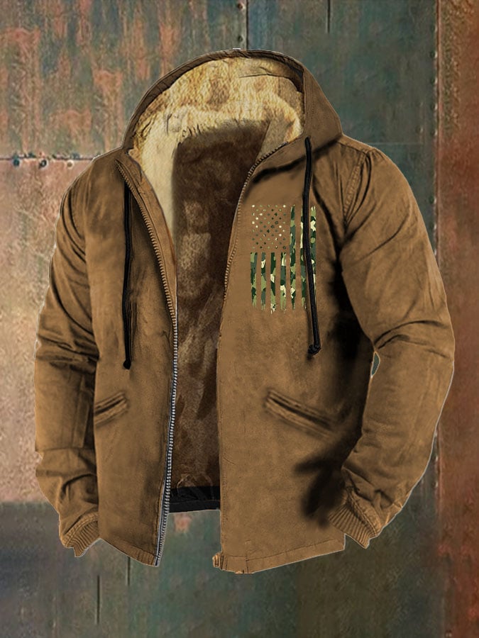 Sherpa Lined Hooded Jacket – Camo American Flag Winter Zip-Up Coat