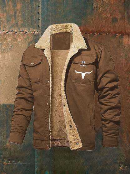 Black Sherpa Lined Western Jacket – Warm Fleece Denim Coat with Bull Logo