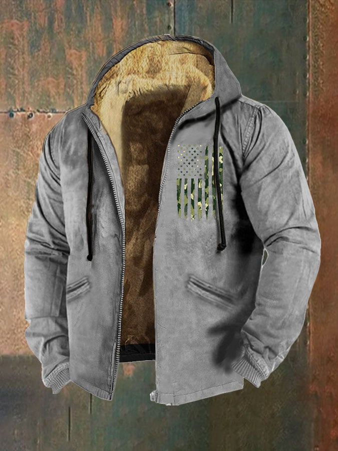 Sherpa Lined Hooded Jacket – Camo American Flag Winter Zip-Up Coat